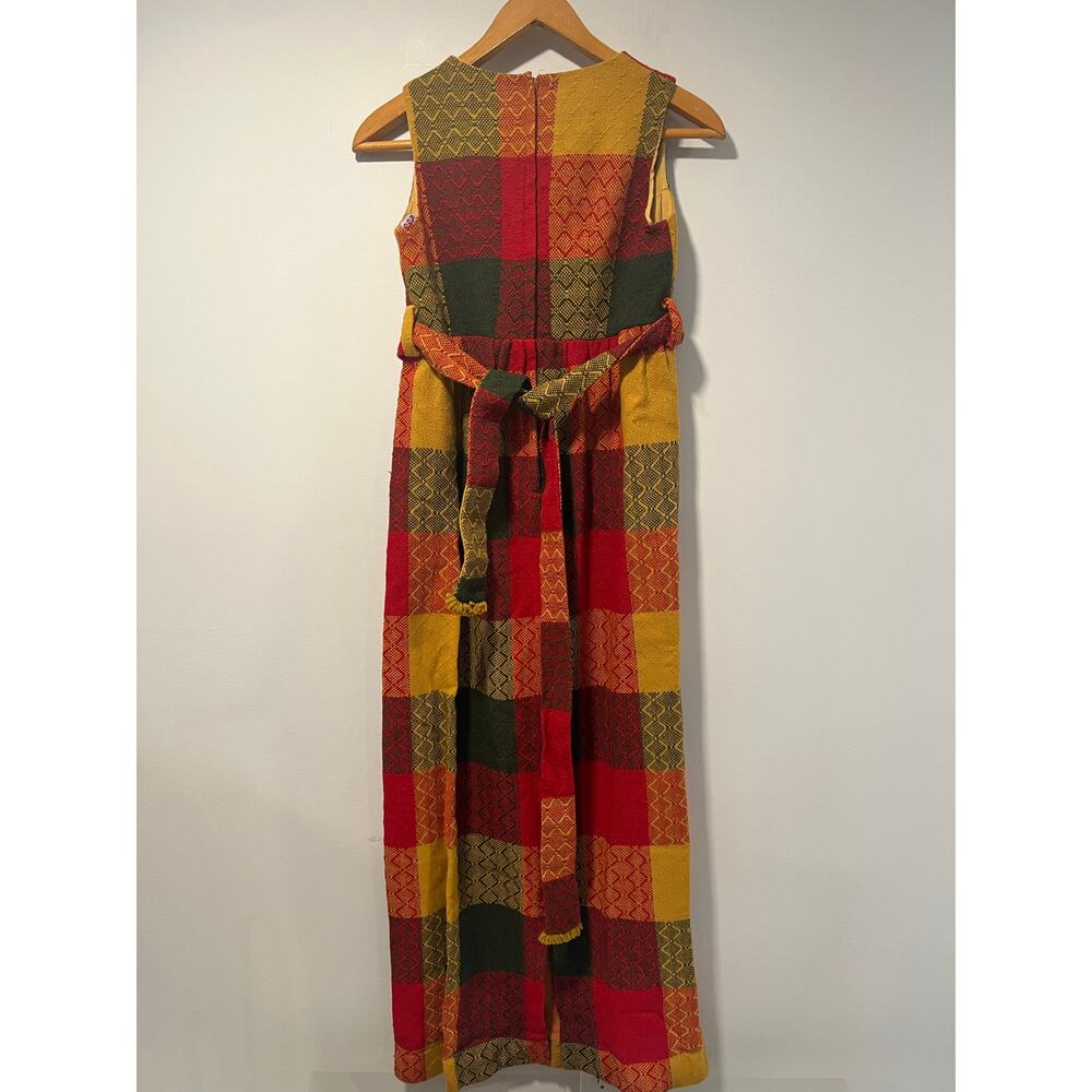 Vintage 1960s-70s Patchwork Plaid Sleeveless Maxi Dress w Belt Red Yellow Sm JL - Picture 8 of 11